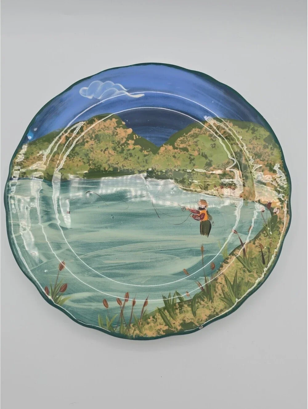 Vintage LESAL Hand Painted Fly Fishing Landscape Art Pottery Plate